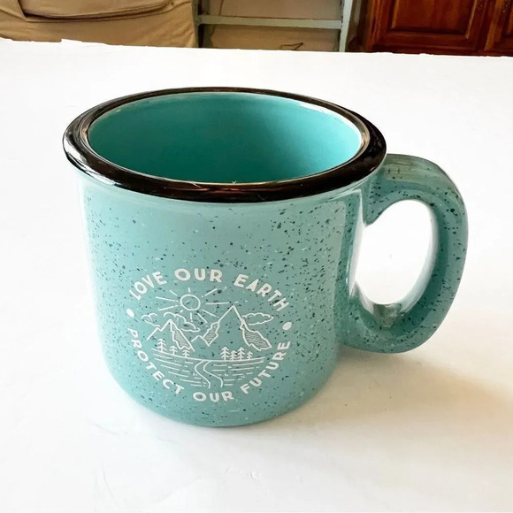 Save Our Earth Turquoise Speckled Coffee Mug Camp Style Ceramic Climate Change - Picture 4 of 4
